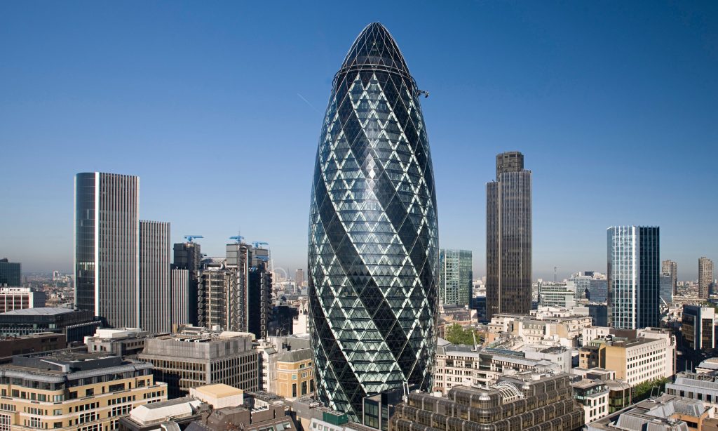 Image of a building in London, England that is shaped like an oval.