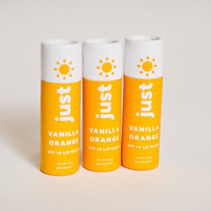 SPF 18 lip balm, vanilla orange in a cardboard compostable tube, by Just Sun - Zero Waste Shop Winnipeg