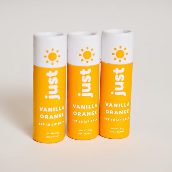 SPF 18 lip balm, vanilla orange in a cardboard compostable tube, by Just Sun - Zero Waste Shop Winnipeg